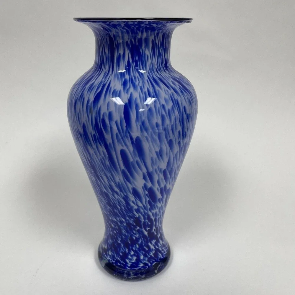 Blue White Glass Vase 11 3/8